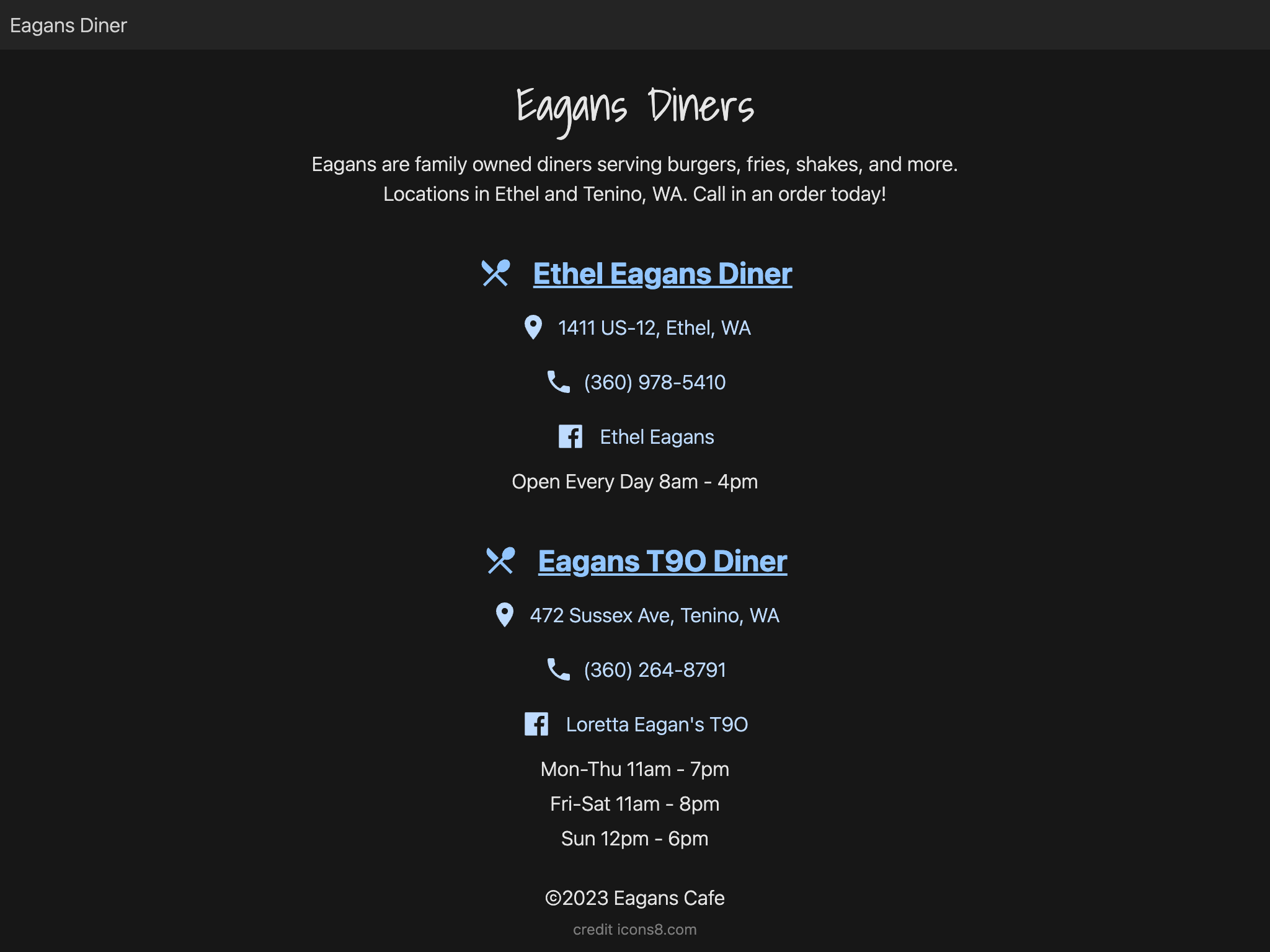 screenshot of Eagans Diner website